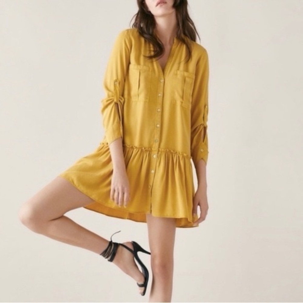 For the Republic NWT Mustard Yellow Long Sleeve Button Down Ruffle Hem‎ Dress
